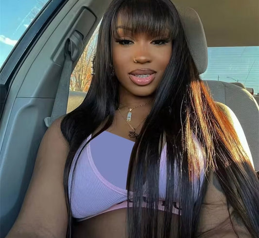 Straight Human Hair Wigs With Bang Full Machine Made Wigs 30 34 inch Natural Color Wig 3x1 Lace Front