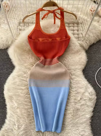 lor Block Bodycon Halter Dress  Sexy and Backless for Fall and Summer Short Sundress