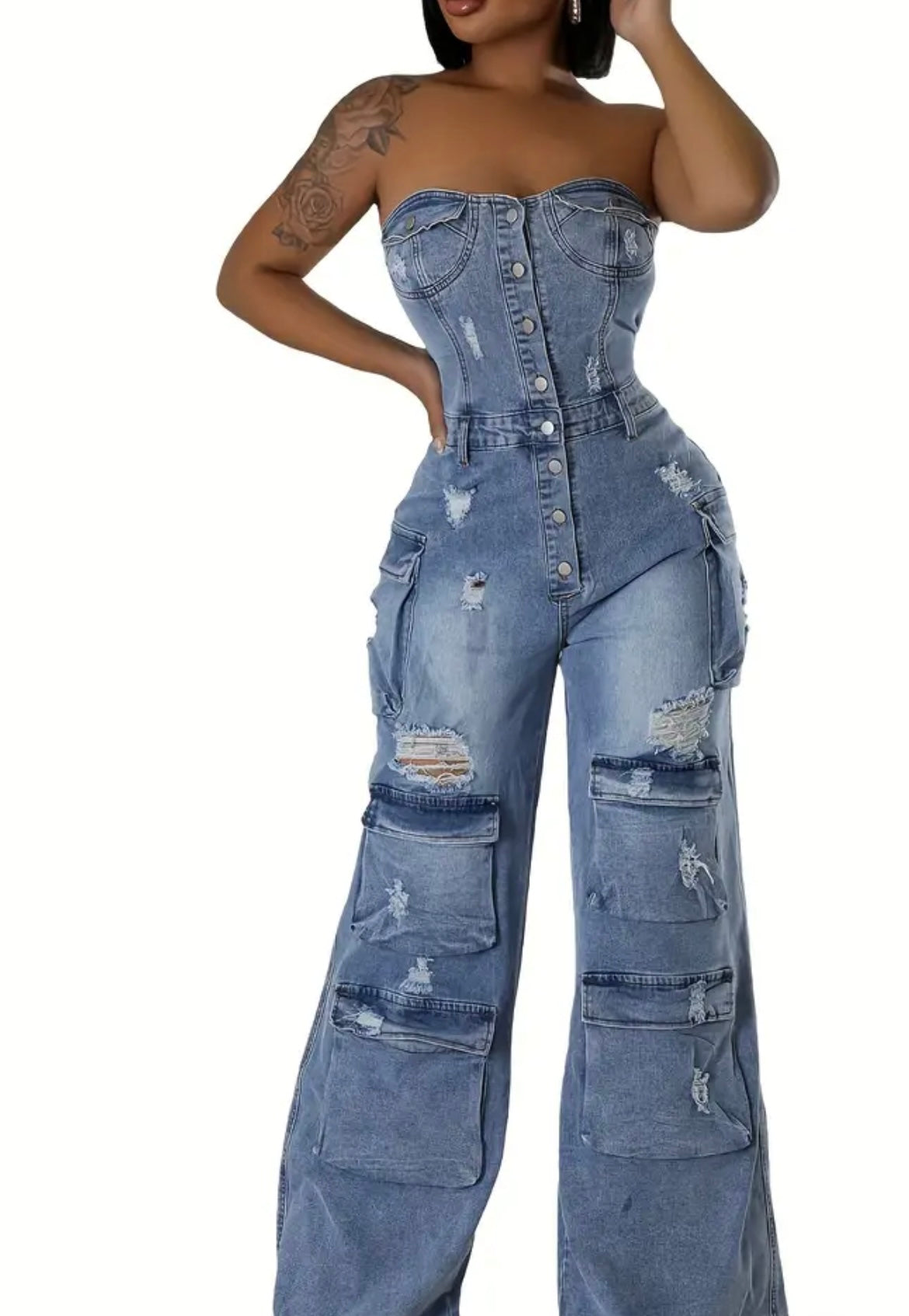 Casual fashion tube top Women's slim-fit denim jumpsuit overalls