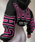 Women's Oversized Hooded Sweatshirt with New York & 5 Boroughs Graphic Print - Neon Pink & Black Lettering, Long Sleeve Casual Pullover, Drawstring Hood, Machine Washable Winter Warmth, Gym & Casual Attire, NYC-Themed Apparel, Relaxed Fit