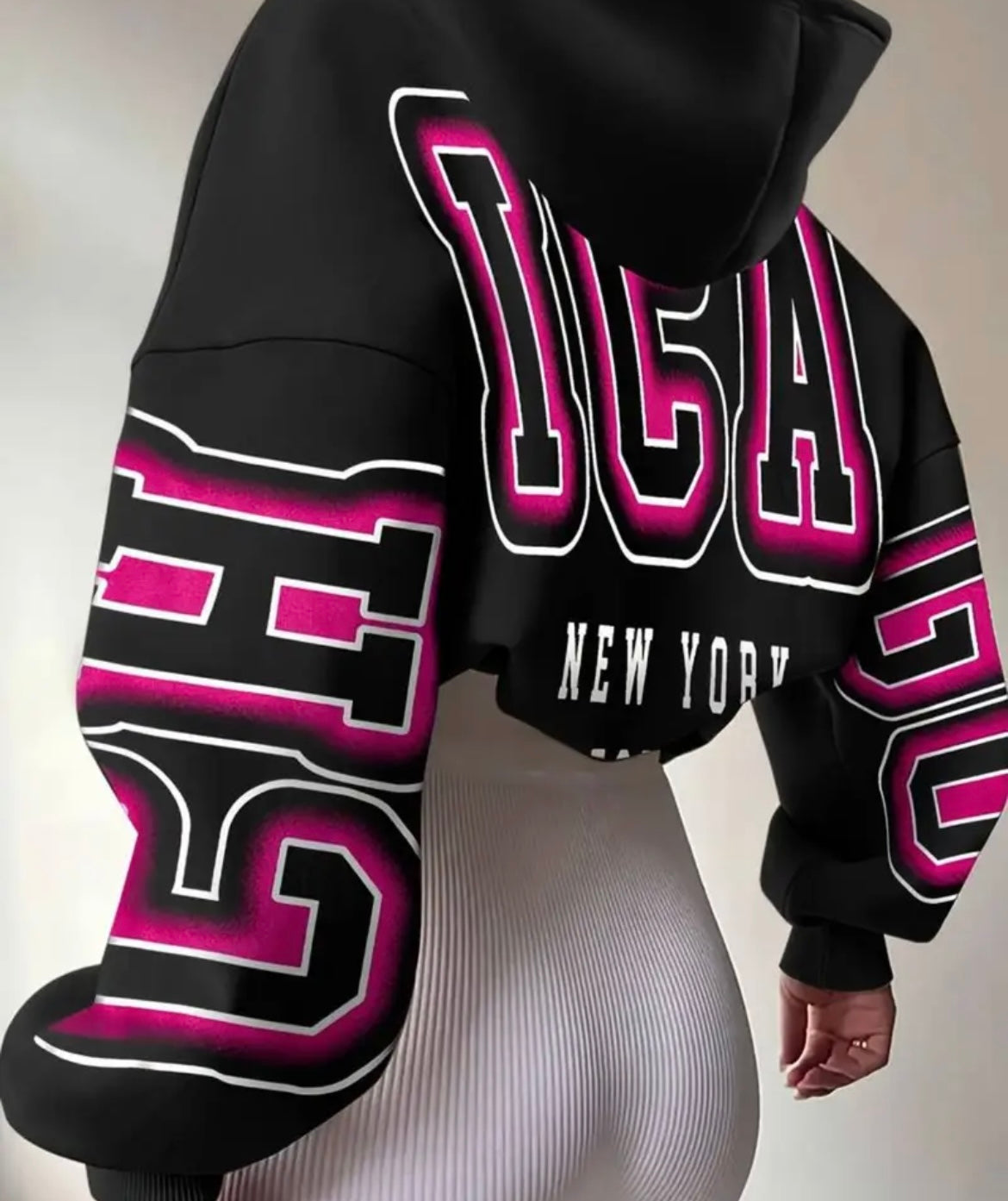 Women's Oversized Hooded Sweatshirt with New York & 5 Boroughs Graphic Print - Neon Pink & Black Lettering, Long Sleeve Casual Pullover, Drawstring Hood, Machine Washable Winter Warmth, Gym & Casual Attire, NYC-Themed Apparel, Relaxed Fit