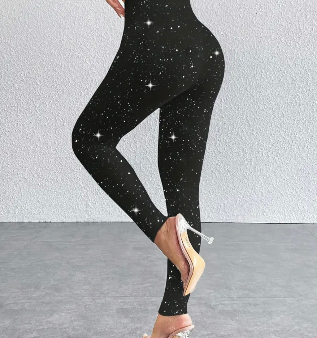 Women'S High-Waisted Rhinestone-Embellished Leggings - Sparkling Star Pattern Tummy Control Pants with Golden Accent Hips, All-Season Stretchy Black Leggings for Dance, Gym, Wedding & Party Wear (Machine Washable) - Shiny Rhinestone Design