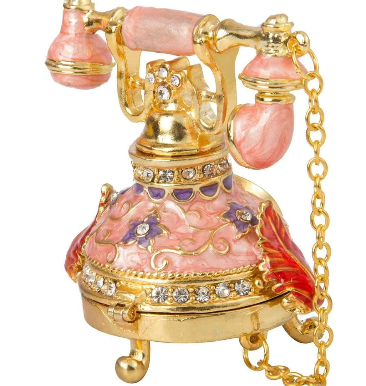 Vintage Small Pink Telephone Shaped Trinket  with Rich Enamel and Sparkling Rhineston