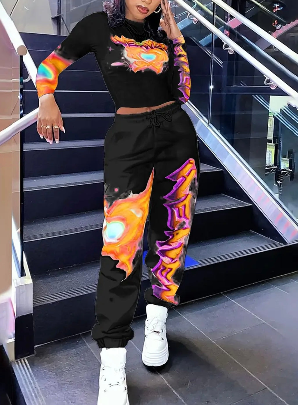[Vibrant Set] Vibrant Y2K-Inspired Women's Set - Long Sleeve Crop Top & Drawstring Joggers | Polyester/Spandex Blend, Perfect for Daily & Outdoor Fashion