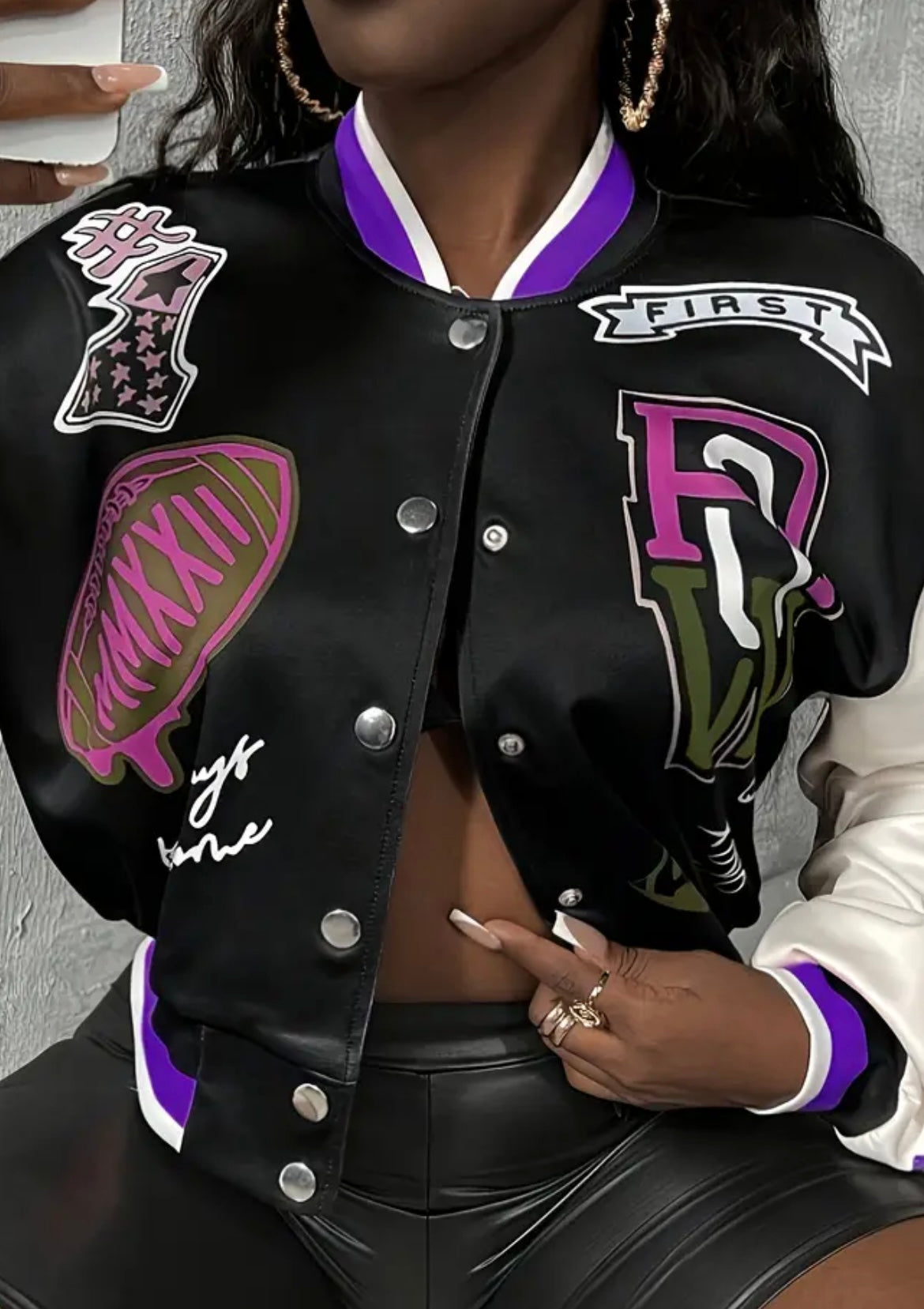 [Gothic Lettering Jacket] Women's Elegant Gothic Lettering & Color Block Jacket - Purple/Black/Pink/White/Gray/Green/Beige/White Two-Button Closure Collar Structured Blazer - Spring/Outfits - Machine Washable