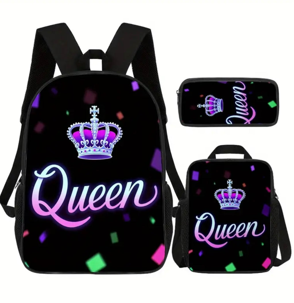 Queen Crowned Letters Design Backpack 3pcs for Men Women, Includes 17.1" Lightweight Large-Capacity Bookpack & Insulated LunchBox & Versatile Pencil Pouch, Best for Learning Outdoor Work Commute Travel Meals Getaways Gifts