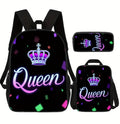 Queen Crowned Letters Design Backpack 3pcs for Men Women, Includes 17.1" Lightweight Large-Capacity Bookpack & Insulated LunchBox & Versatile Pencil Pouch, Best for Learning Outdoor Work Commute Travel Meals Getaways Gifts