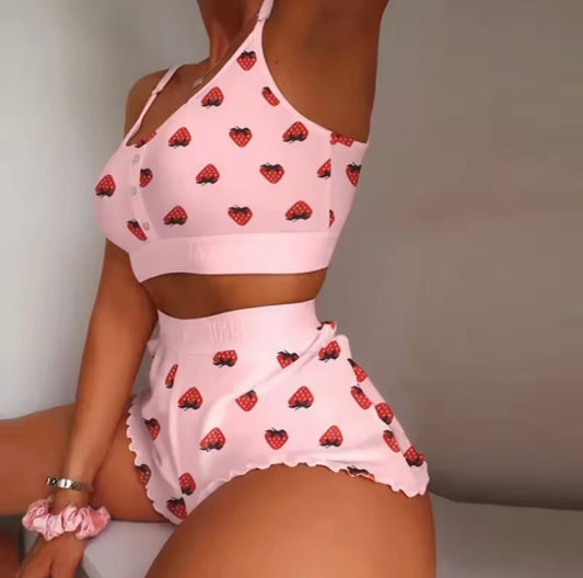 Women Sleepwear Lips Butterfly Print Home Suspended Pajamas Set Vest Bra Top Short Nightwear Ling