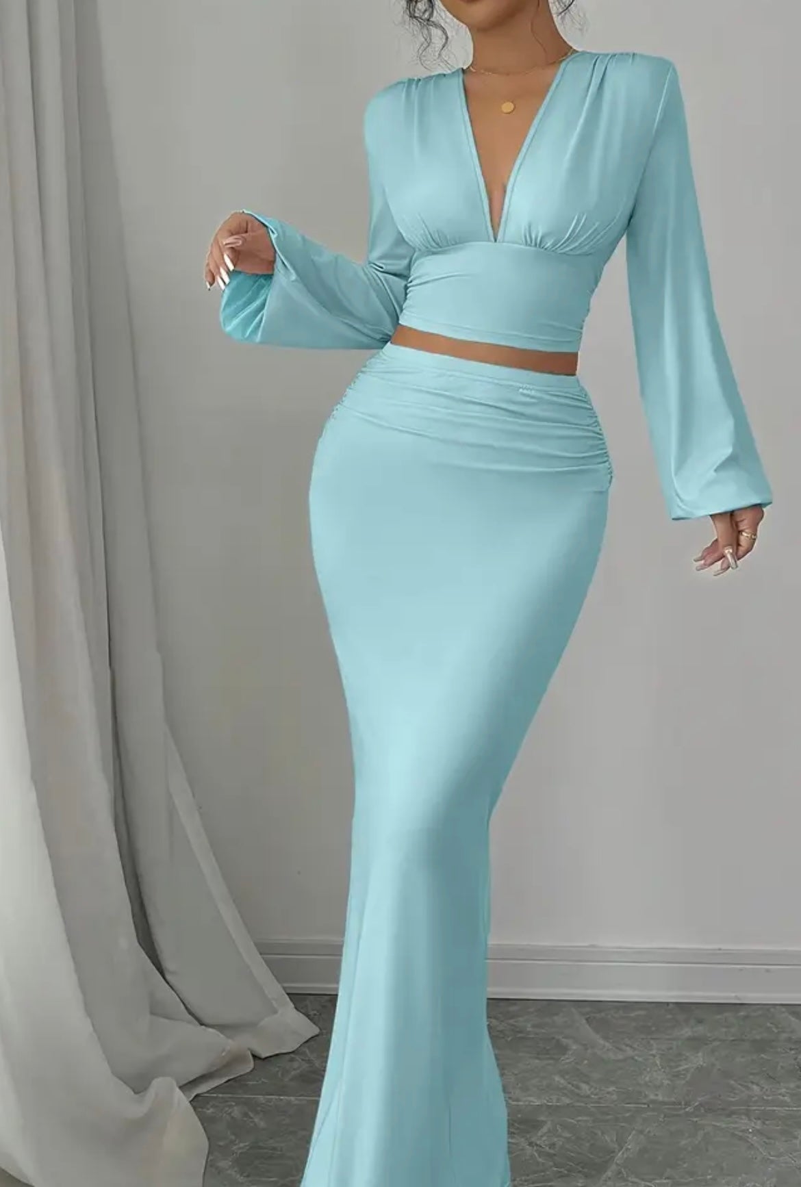 Women'S Elegant V-Neck Long Sleeve Top & High-Waisted Bodycon Skirt Set - Chic Solid Color Two-Piece Outfit