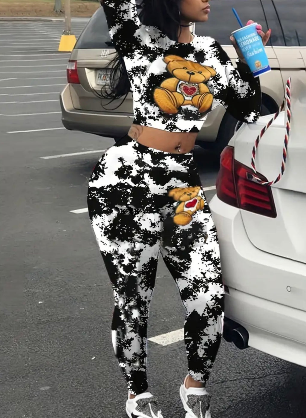 Casual Camo Bear Print Polyester Knit 1set Women'S Long Sleeve Jumpsuit - Round Neck X-Shape Silhouette Spring/Autumn Fashion Outfit
