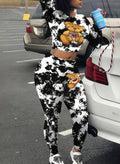Casual Camo Bear Print Polyester Knit 1set Women'S Long Sleeve Jumpsuit - Round Neck X-Shape Silhouette Spring/Autumn Fashion Outfit