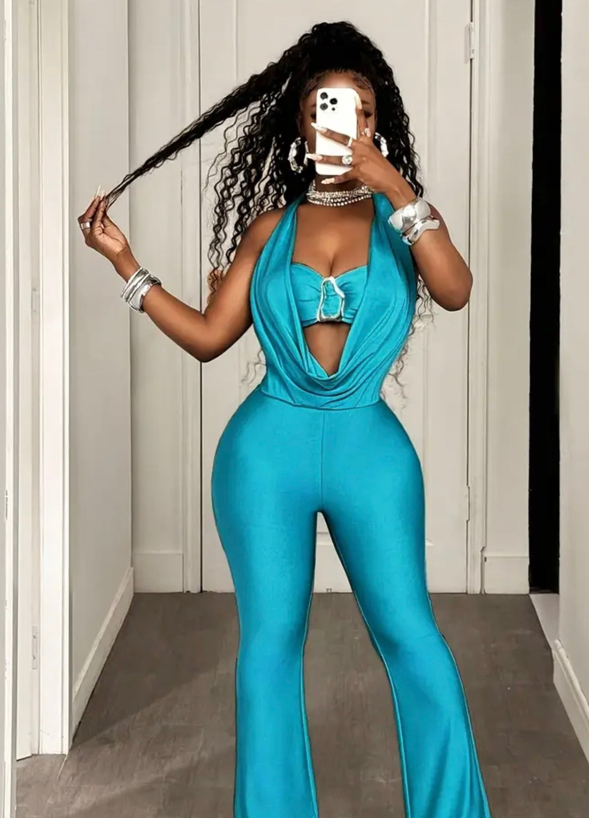 Women'S Elegant Halter Neck Jumpsuit - Solid Color Bodycon Outfit with Hollow Neckline, Flared Legs & Belted Waist, Lightweight for Parties, Dates