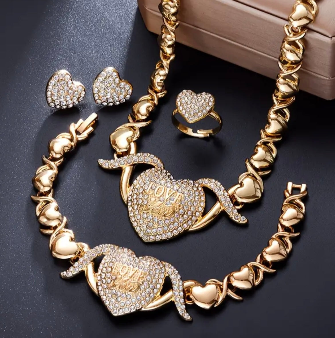 Luxury 18K Golden Plated Heart Jewelry Set for Women - Elegant Carved Love You Necklace, Bracelet, Earrings & Ring with Rhinestone-Accented Hearts, Wedding & Valentine'S Day Fashion Jewelry Collection