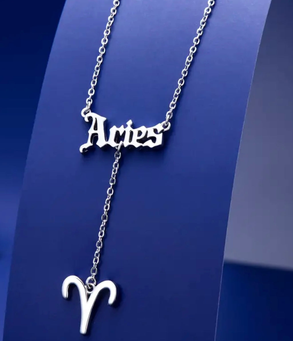 Zodiac Necklace 925 Sterling Silver 12 Constellation Lariat Necklace Old English Zodiac Sign Y-Shaped Pendant Necklace Horoscope Astrology Jewelry Gifts for Women