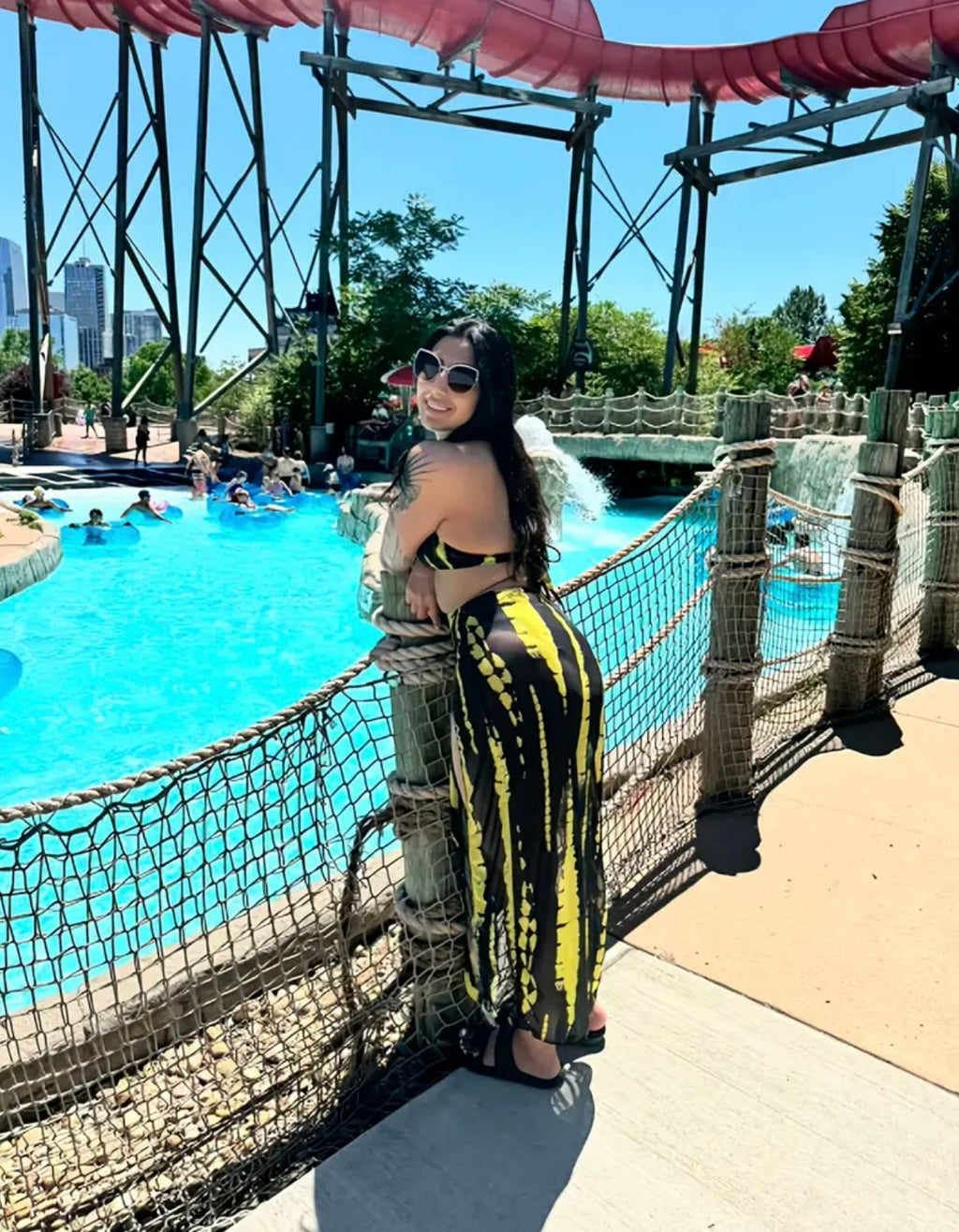 Fashionable And Sexy Tie-Dye Halterneck Slit One-Piece Swimsuit, Women'S Three-Piece Swimsuit, Bikini Set, Hollow Design And Flowing Skirt Elements, Suitable for Pool Parties