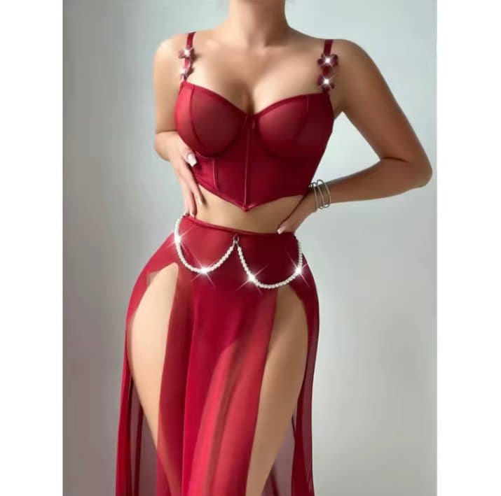 Sheer Mesh Bodysuit with Pearl Chain Accents Lingerie for Women Trending Transparent Tulle Skirt & Chain