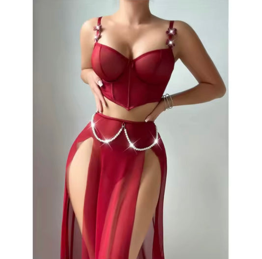 Sheer Mesh Bodysuit with Pearl Chain Accents Lingerie for Women Trending Transparent Tulle Skirt & Chain