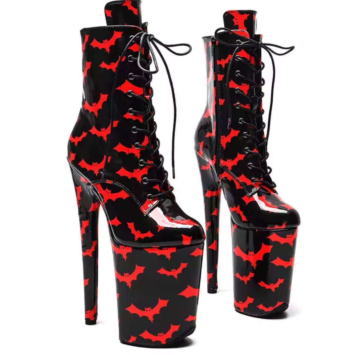 Leecabe  23CM/9inches Patent PU Bat pattern  upper  Trend fashion High Heels stripper heel Po