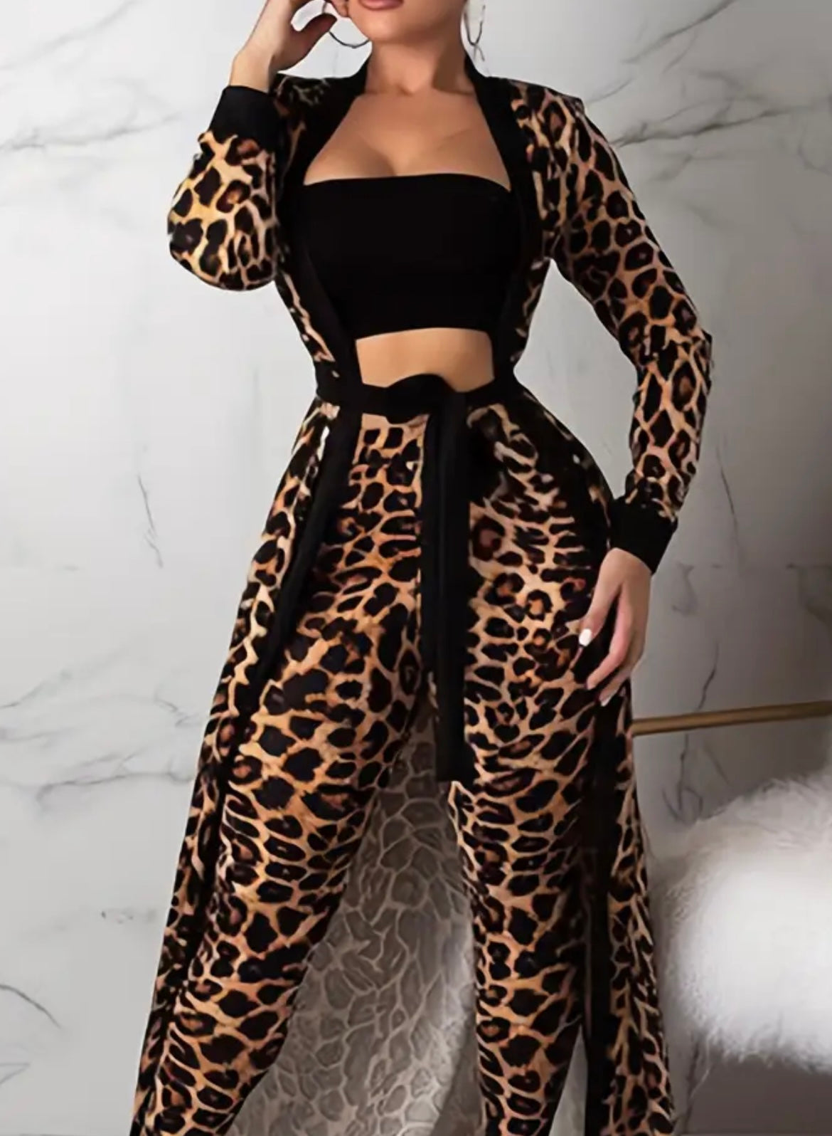Leopard Print Lounge Set, Long Sleeve Robe With Belt & Strapless Crop Top & Pants, Women's Loungewear & Sleepwear