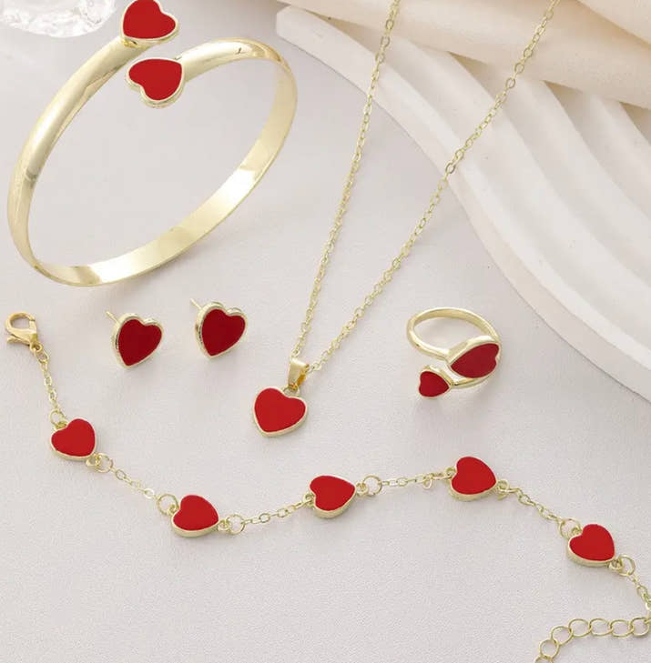 6pcs Love Simple Jewelry Set Peach Heart Bracelet Bracelet Earnail Necklace Ring Combination, Classic Fashion Women's Jewelry Jewelry Set, Valentine's Day Mother's Day Gift