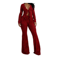 Sexy lace up hollow cardigan long sleeve shirt lace pants two piece set women