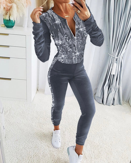 2 Pieces Outfit Contrast Sequin Ruched Long Sleeve Zip Up Coat and Elastic Waist Pants Set Casual Slim Fit Velvet Tracksuit