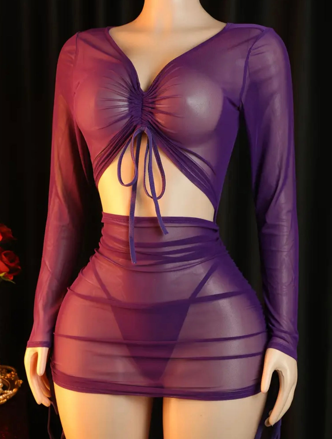 Sexy Sheer Mesh Lingerie Dress & Thong Set Shiny Hollow Out Babydoll Nightgown with Open Back & V-Neckline, Two-Piece Adult Intimate Apparel, Hand Washable Semi- Outfit for Themed Events & Casual Attire, Elegant Cut-Out Design with Tho