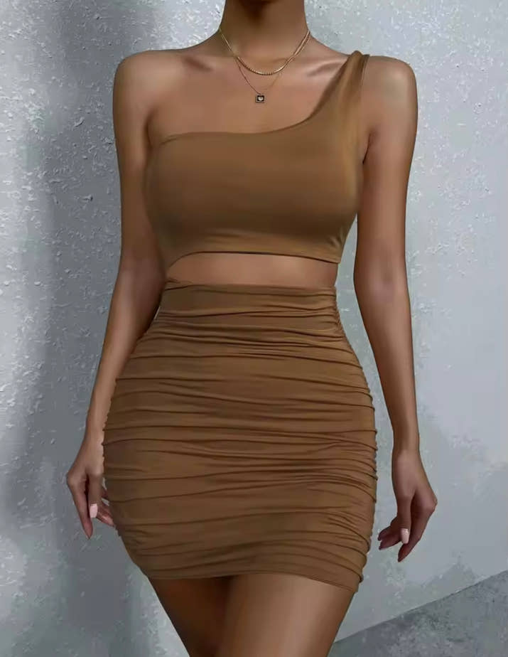 Sexy One Shoulde Backless Bodycon Mini Dress Women's Waist Hollow Out Tight Pleated Wrapping Dress