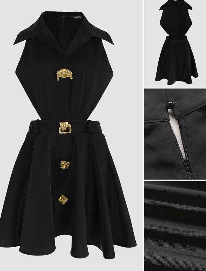 Golden Button Decor Turn-down Collar Sleeveless Waist Cutout Dress Zipper Back Umbrella Hem Party Dress