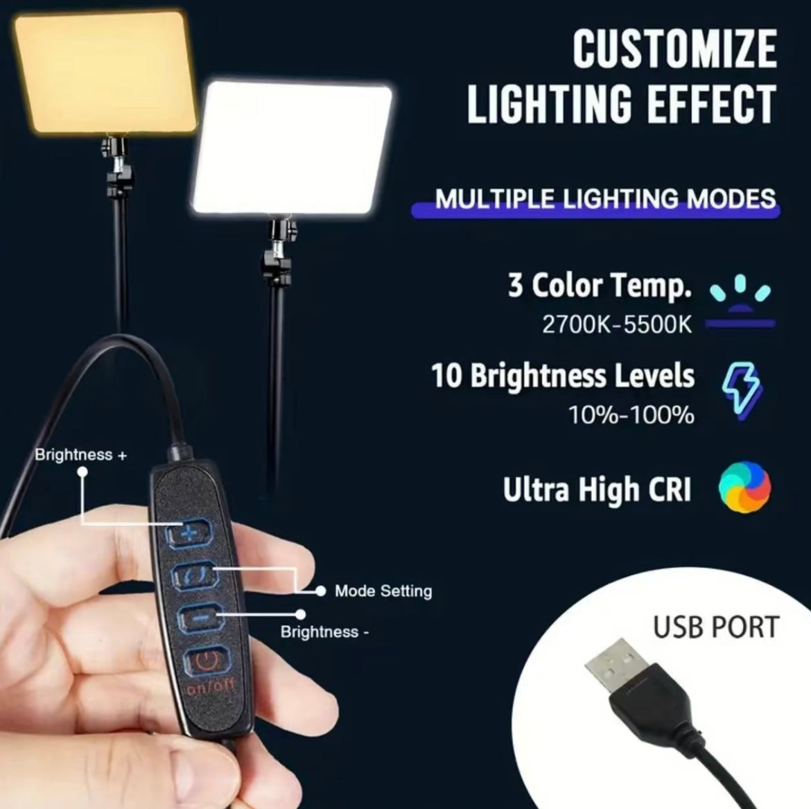 10" LED Square Light Panel with 63" Extendable Stand 3 Color 2800-6500K Studio