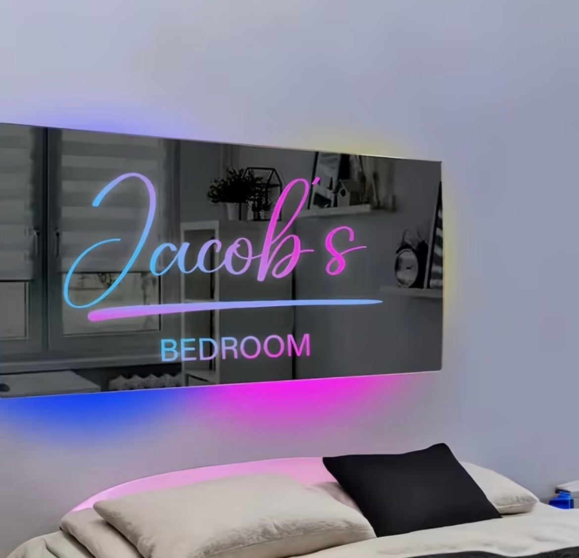 Custom LED Neon Light-Up Name Mirror - Personalized Bedroom Wall Decor with USB Power, Multi-Color Lighting, Durable Plastic, Ideal for Valentine'S Day, Birthdays,  - Unique Gift Idea, Bedroom Decor