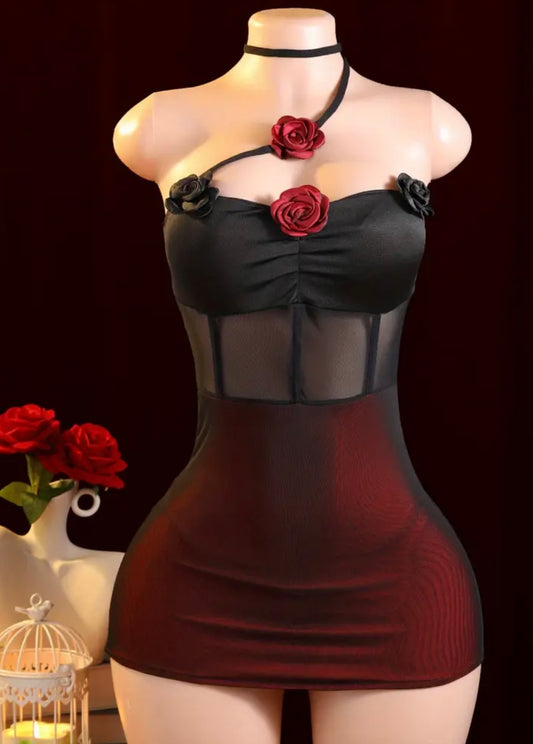 Elegant Black Velvet Dress with Red Rose Design - Sexy High-End Lingerie, Playful Mini Skirt Set, Perfect for Adults, Adult Lingerie Sophisticated Style|Velvet Dress