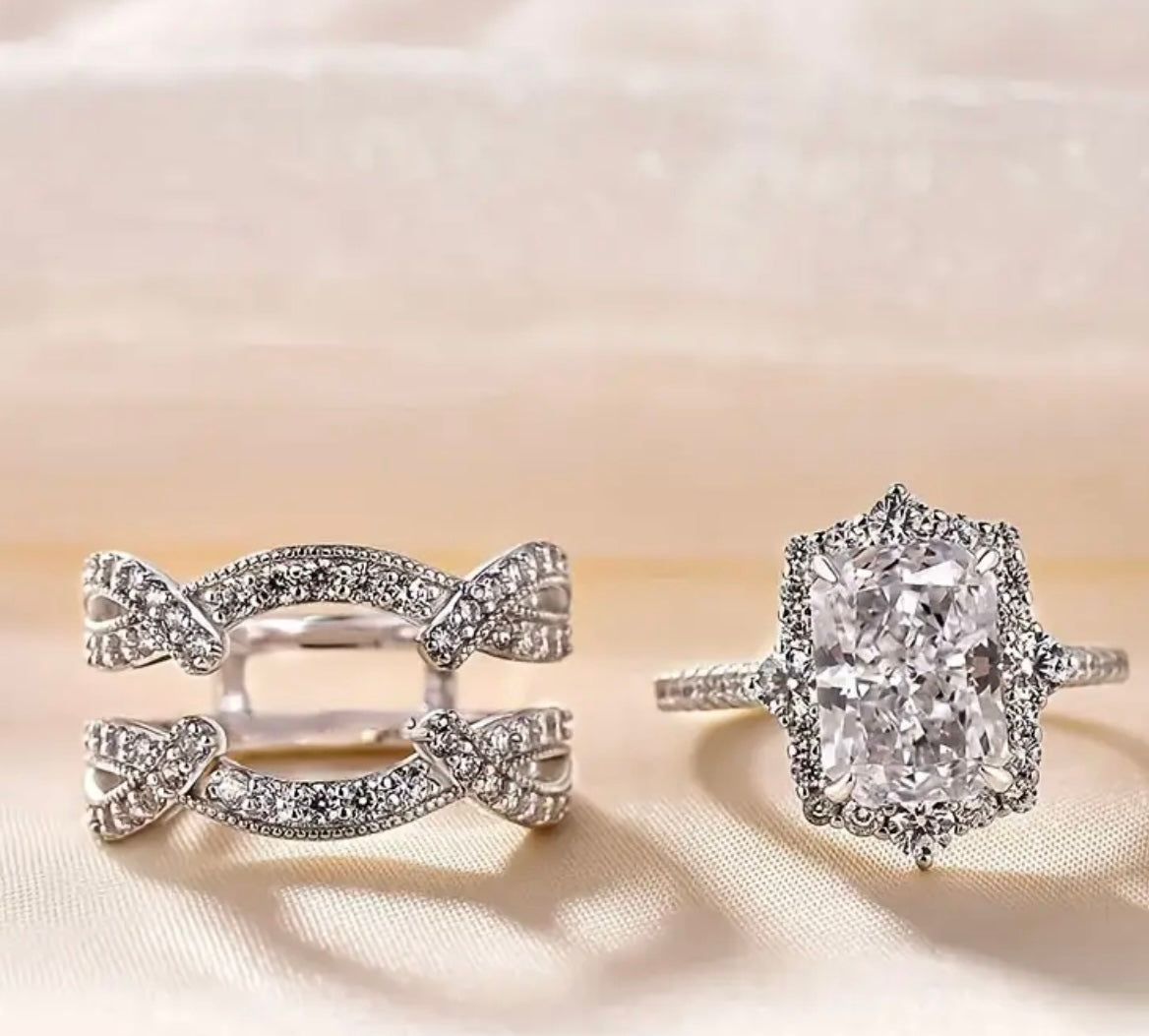 Sparkling Luxury White Zirconia Two-Piece Statement Ring for Noble Ladies, Banquets And Weddings Golden Ring Jewelry for Women High