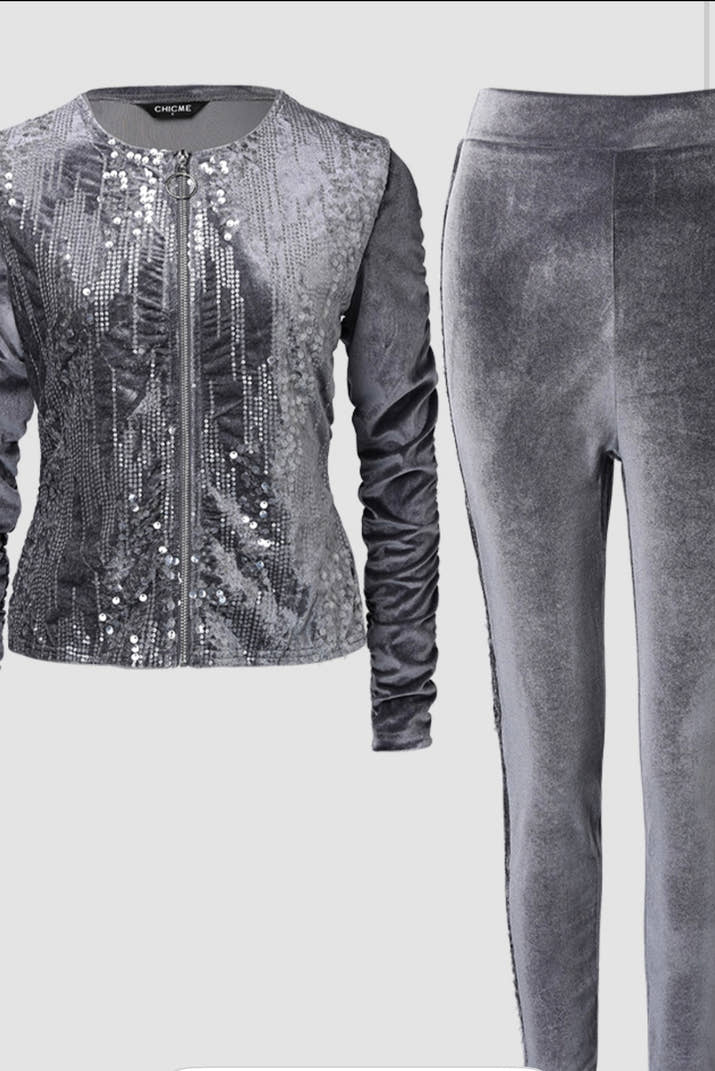 2 Pieces Outfit Contrast Sequin Ruched Long Sleeve Zip Up Coat and Elastic Waist Pants Set Casual Slim Fit Velvet Tracksuit