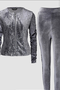 2 Pieces Outfit Contrast Sequin Ruched Long Sleeve Zip Up Coat and Elastic Waist Pants Set Casual Slim Fit Velvet Tracksuit