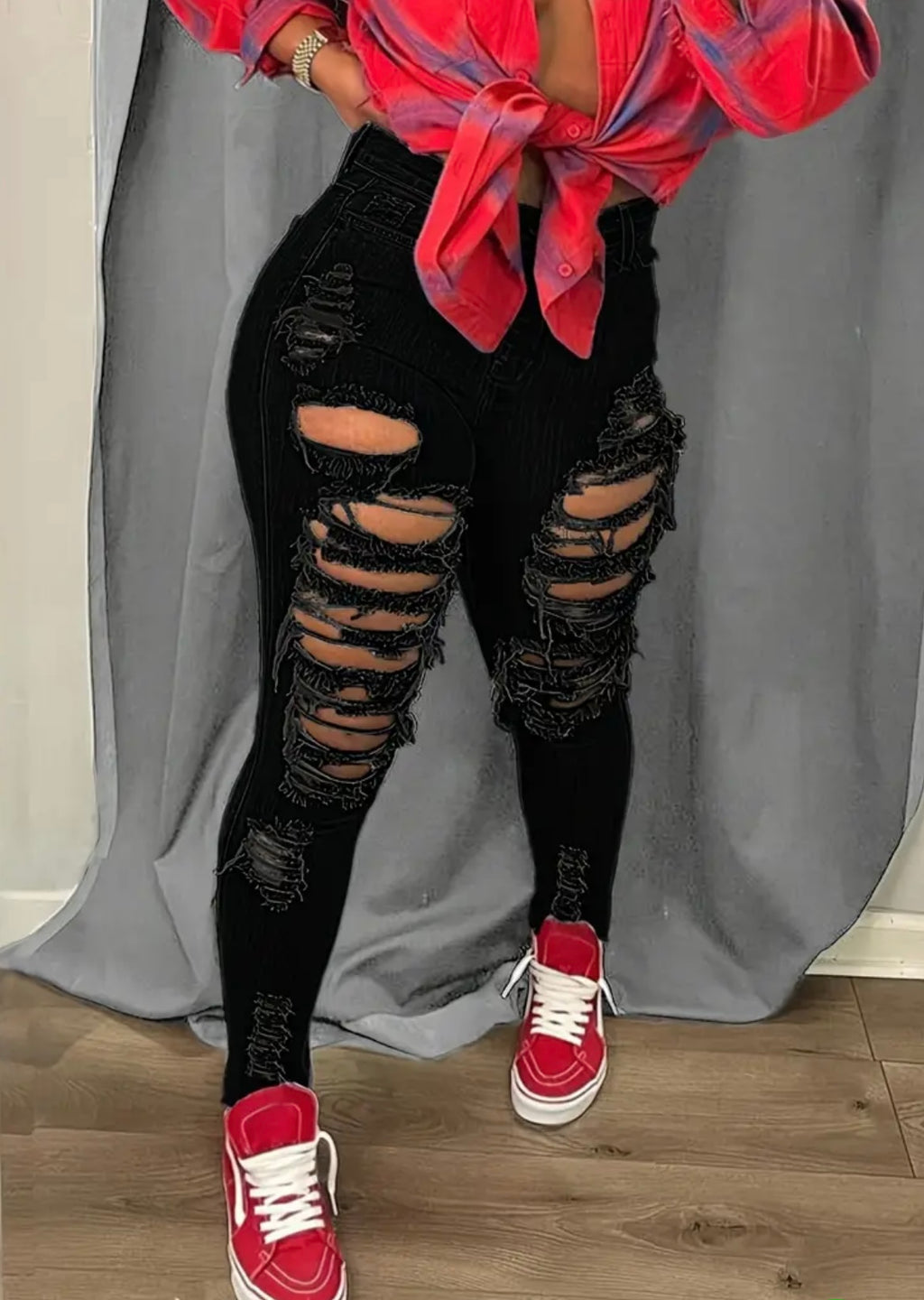 Women's High-Waisted Distressed Denim Jumpsuits - Stretch Skinny Leg Pants with Hip Lift, Frayed Hem & Zipper Closure, All-Season Casual to Formal Outfits (Machine Washable) - Black/Red/Blue/, American Street Style Statement Pants, Pants For Women
