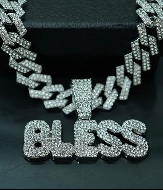 [Luxury BLESS Necklace] Luxury Rhinestone BLESS Jewelry Hip-Hop Letter Necklace | 18-Inch Unisex Cuban Chain Pendant - Holiday Gift, 1pc