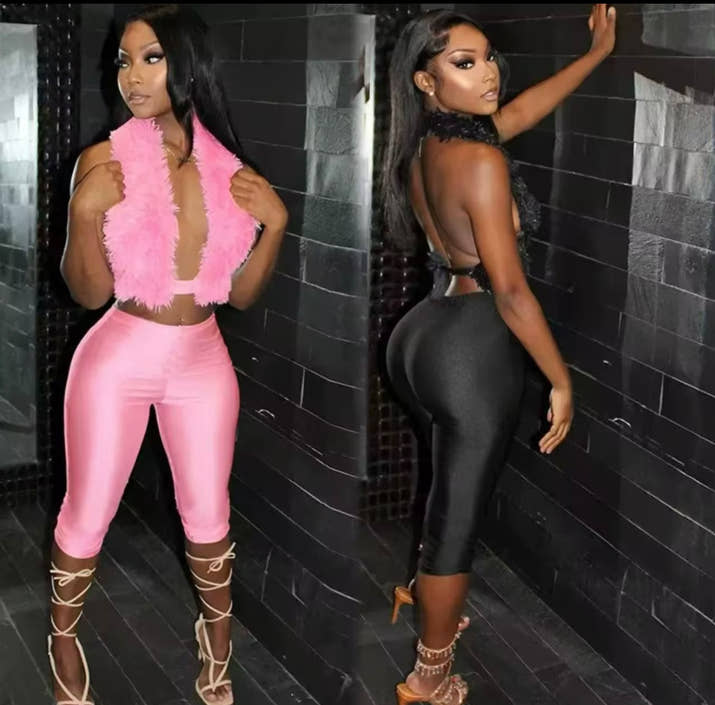 New Women Two Piece Pants Set Furry Halter Sleeveless Backless Lace Up Top