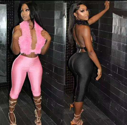 New Women Two Piece Pants Set Furry Halter Sleeveless Backless Lace Up Top