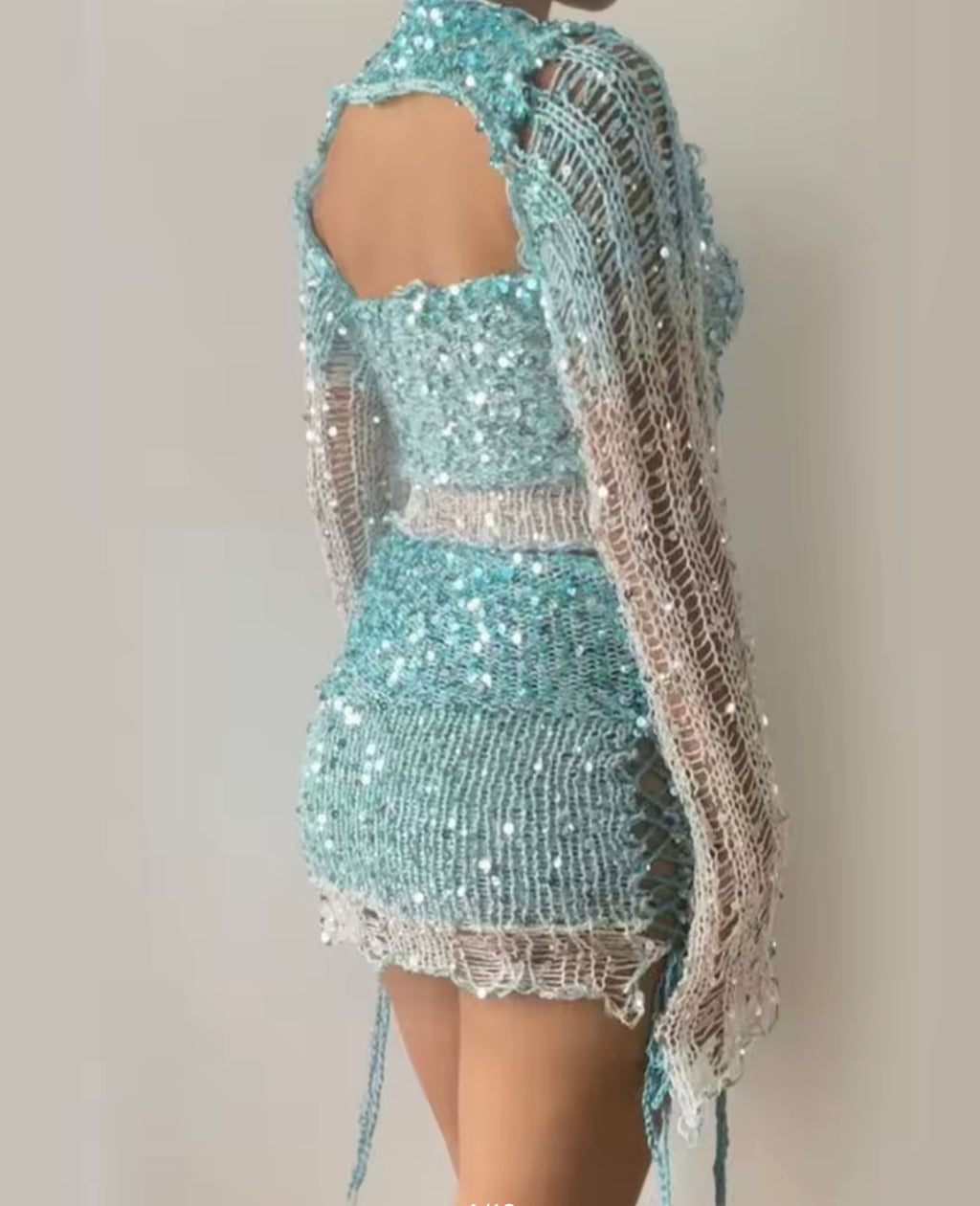Crochet Knitted Dress 2 Piece Skirt Sets with Beaded Detailing and Flared Sleeves for Stylish Outfits