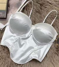 Women Sexy Crop Top Solid Pleated Satin Tanks Top With Bra Pad Beach Camis Spaghetti Backless Top