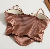 Women Sexy Crop Top Solid Pleated Satin Tanks Top With Bra Pad Beach Camis Spaghetti Backless Top