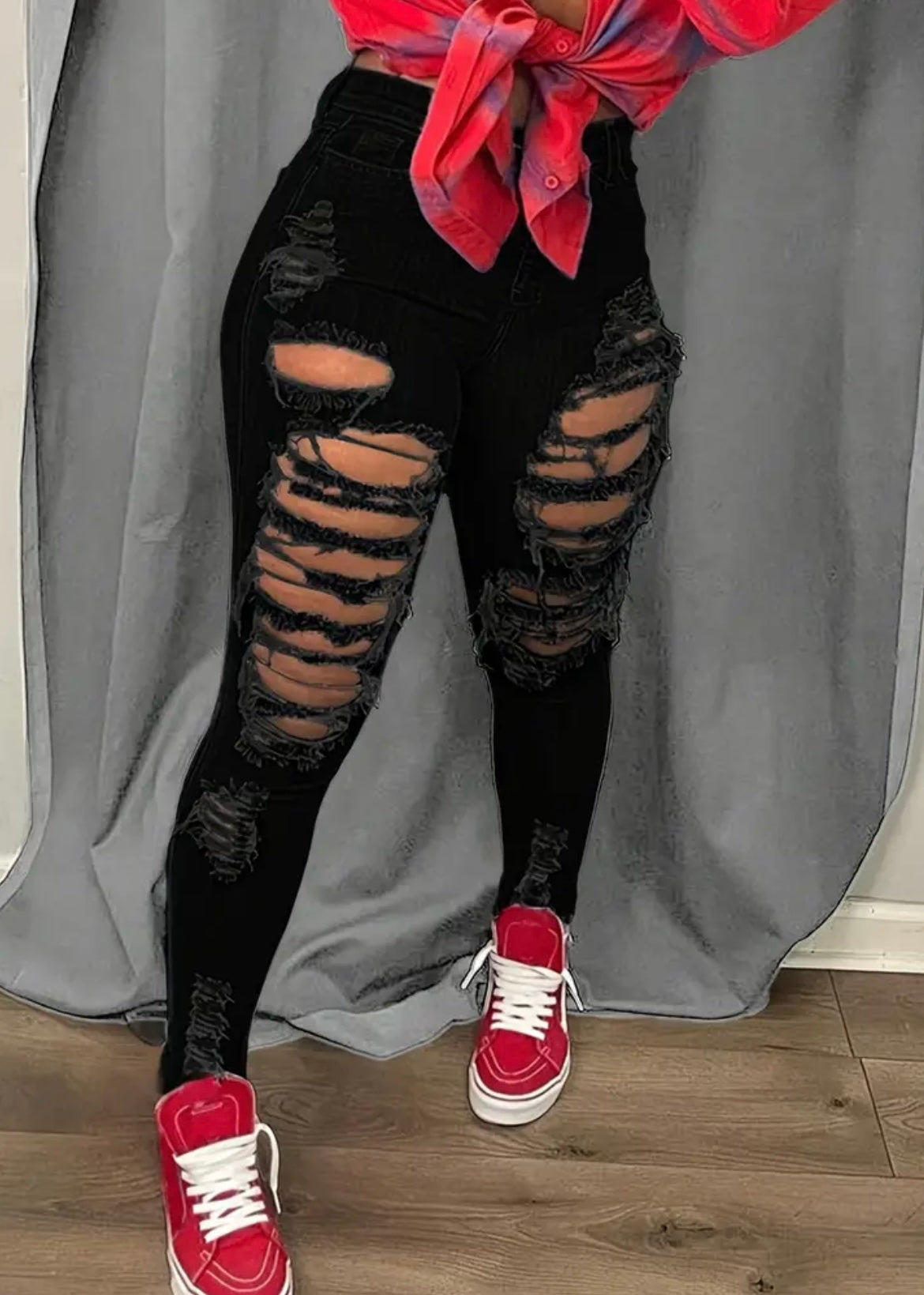 Women's High-Waisted Distressed Denim Jumpsuits - Stretch Skinny Leg Pants with Hip Lift, Frayed Hem & Zipper Closure, All-Season Casual to Formal Outfits (Machine Washable) - Black/Red/Blue/, American Street Style Statement Pants, Pants For Women