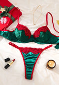 's Green & Red Lace Underwear Set - Sheer Semi-Sheer Lingerie with Strapless Bra & Low-Rise Thong, Burgundy Lace Trim & Matching Panties, Hand Wash Only - Sexy Bohemian/Boudoir Wear