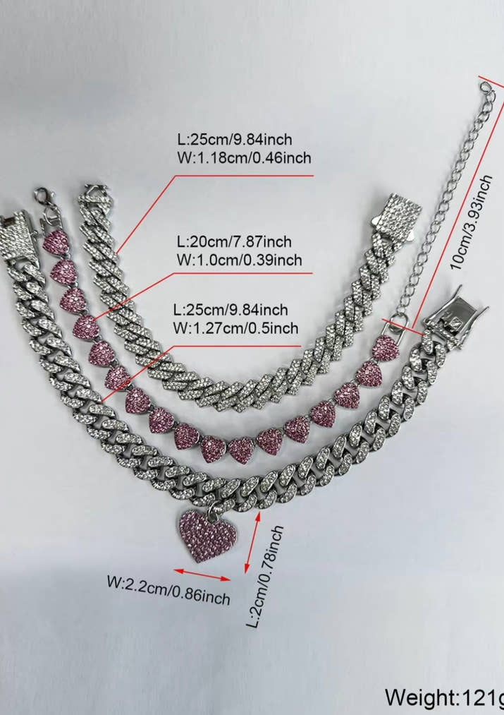 Rhinestones Decorated Heart Charm Design Layered Anklet with Pink and Clear Rhinestones