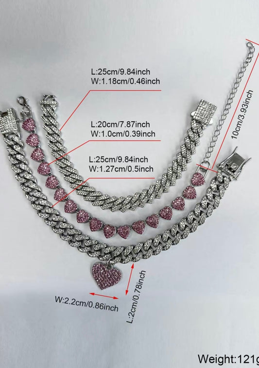 Rhinestones Decorated Heart Charm Design Layered Anklet with Pink and Clear Rhinestones