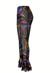 [Stretchy, Abstract Print Pants] Stretchy, Lightweight & Breathable Women's Sexy Sheer Mesh Flare Leg Pants - Elastic Waist, Vibrant Colorful Abstract Print for Fall, Adult Fashion