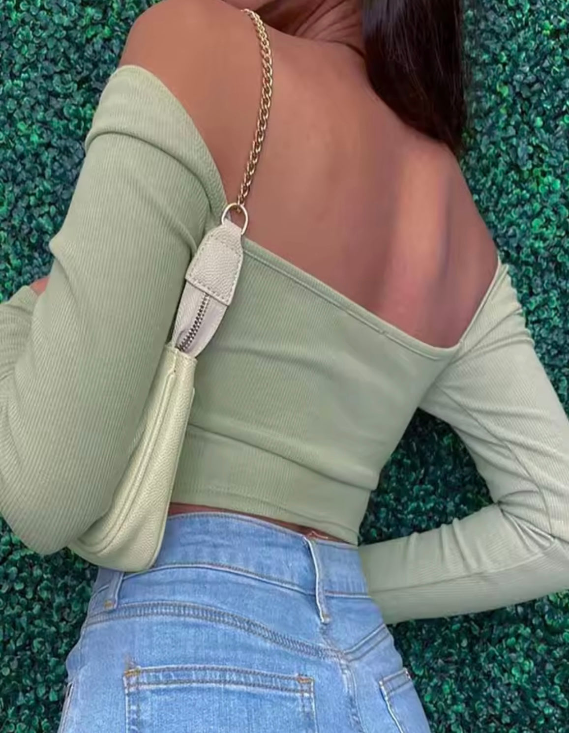 Hollow-Out V-neck Long Sleeve Crop Tops Spring Fall Casual Fashion Women Square Collar Sl