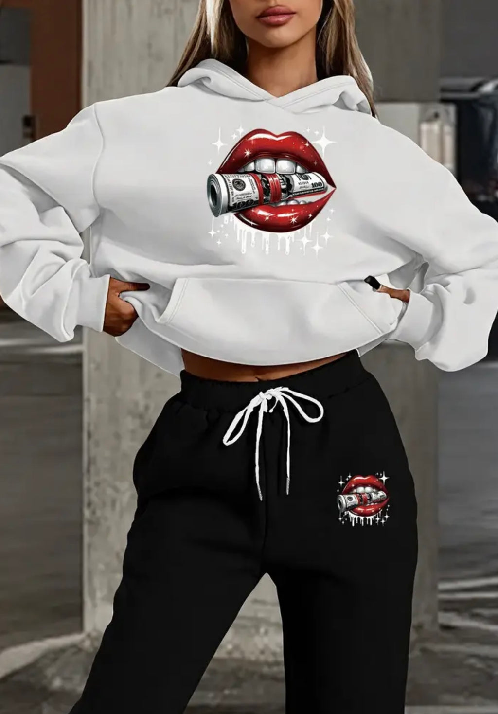 Women'S Casual Two-Piece Set with Lip Print and Money Design - Hooded Sweatshirt and Pants, Long Sleeve, Drawstring Waist, Casual Style, Casual Wear|Playful Print|Casual Style, Cute Sweatshirt