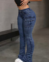 Women's High Waisted Elastic Casual Leg Stack Jeans, Sexy Hip Lifting Street Style Multi Pocket Workwear
